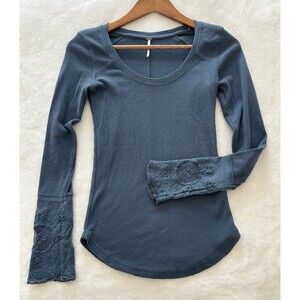 Free People Womens Shirt Small Thermal Knit Waffle Embroidered Lace Cuffs Top